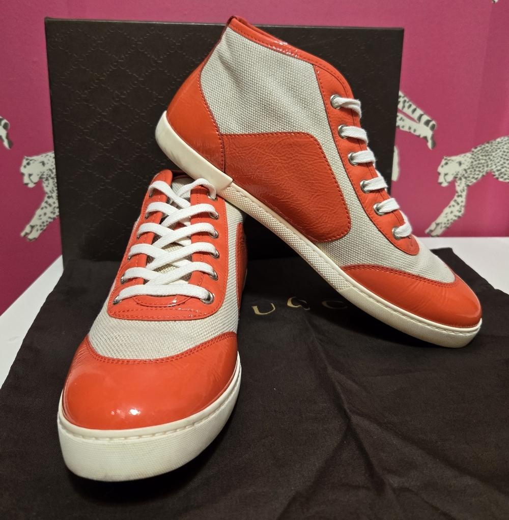 EUC Gucci Sylvie Web Accent Patent Leather High Top Sneakers IT 38.5 US 8.5 - Picture 2 of 14